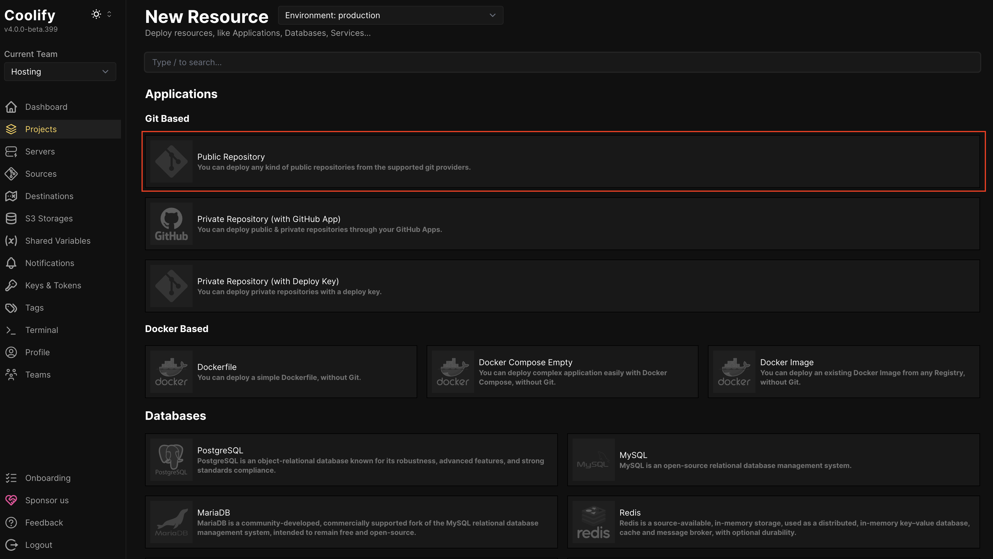 Click &ldquo;Public Repository&rdquo;